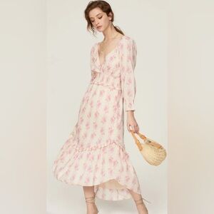 LoveshackFancy Firefly - 100% Pink/Ivory Cotton Floral Dress : Size L